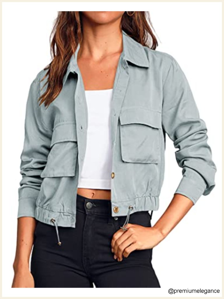 Women's Lightweight Cropped Utility Jacket Button Down Anorak With Pockets